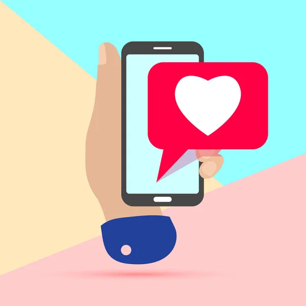 Platte minimale hand houden mobiele telefoon Ith roze hart als sociale media pictogram met schaduw op Pastel gekleurde blauwe en roze achtergrond. Roze Bubble icon set voor websites, blog, mobiele interfaces — Stockvector
