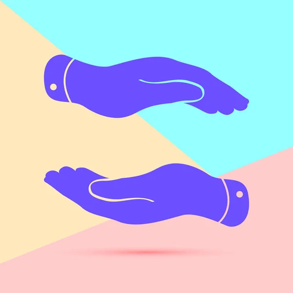 Platte lay moderne zorgzame handen pictogram met schaduw op Pastel gekleurde blauwe en roze achtergrond — Stockvector