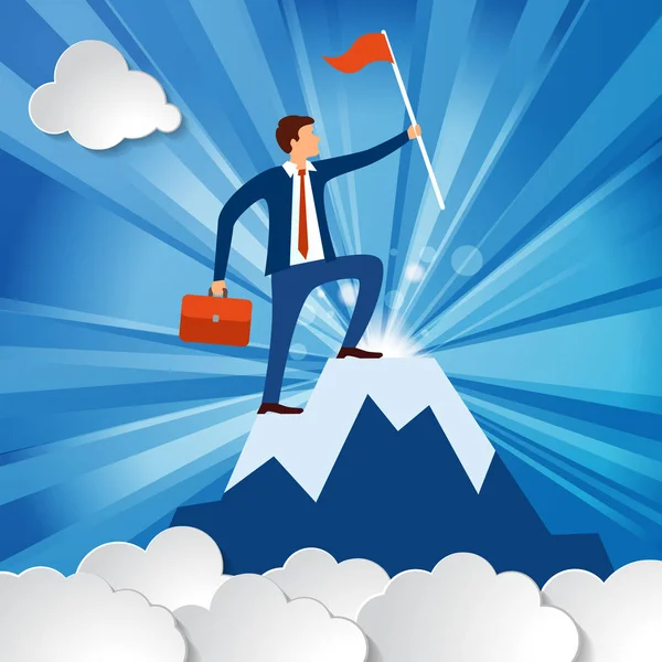 Framgångsrik affärsman med en portfölj och en flagga på toppen av berget symboliserar världen affärer bland vita moln — Stock vektor