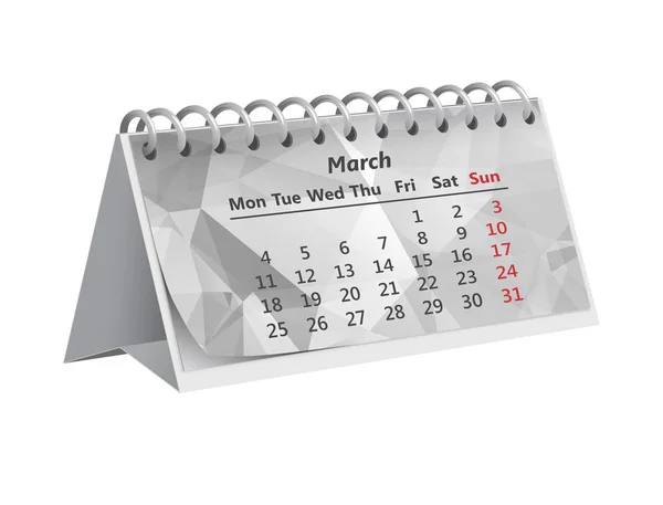 Mese triangolare grigio di marzo 2019 sul calendario cartaceo Desk su sfondo bianco — Vettoriale Stock