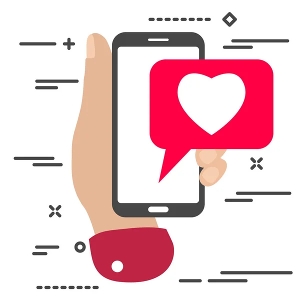 Flat minimal hand holding mobile phone with pink heart like social media icon. Arm with smartphone and chatting bubble speeches. — Stock Vector