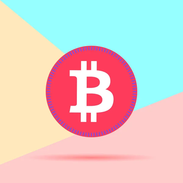 Plano poner moderno icono criptomoneda bitcoin con sombra sobre fondo de color pastel azul y rosa — Vector de stock