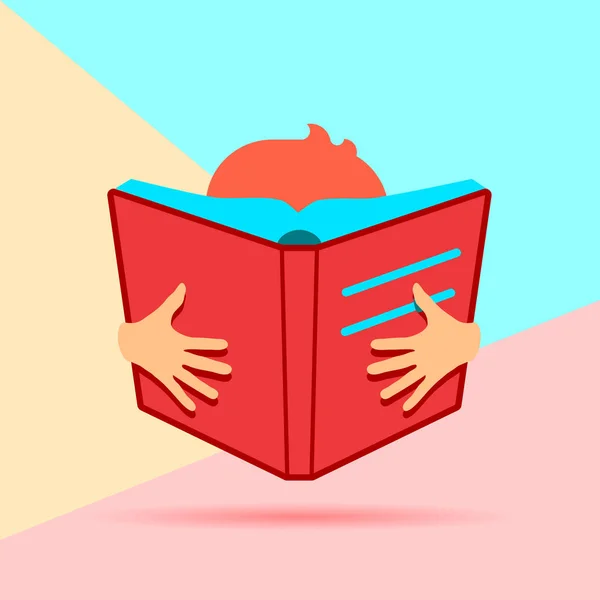 Plano poner moderno minimalista chico leyendo un gran icono de libro rojo con sombra sobre pastel de color azul y rosa de fondo — Archivo Imágenes Vectoriales