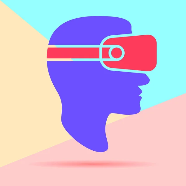 Platte lay moderne minimale man hoofd in Virtual Reality glazen pictogram met schaduw op Pastel gekleurde blauwe en roze achtergrond — Stockvector
