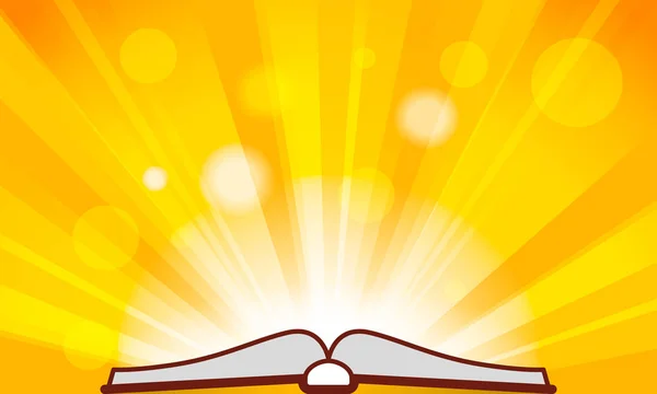 Дизайн плоскої лінії графічне зображення концепції значка відкритої книги на сонячному спалаху або спалаху променів золотий фон — стоковий вектор