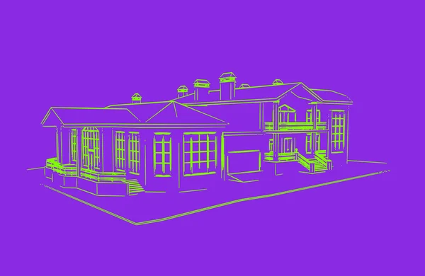 Ufo bosquejo verde de la casa aislado sobre fondo púrpura protón — Vector de stock