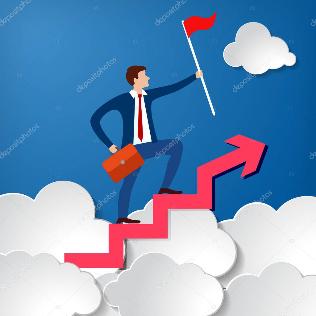 successful businessman with a briefcase and a flag on the top of growing up Arrow above white paper clouds