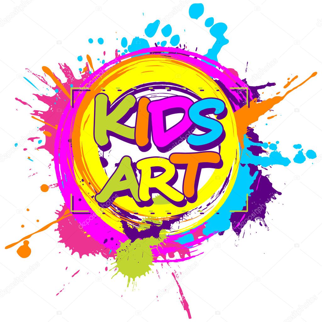 Colorful paint splashes with Kids art emblem for children playground for play and fun