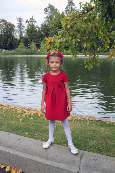 Маленька дівчинка з червоними шпильками і сукня стоїть біля ставка на відкритому повітрі восени — стокове фото