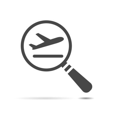 Beyaz zemin üzerinde büyüteç ile havalimanı uçak kalkış simgesi, arama uçuş işareti düz