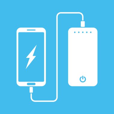 Taşınabilir bataryadan şarj edilen telefonun beyaz yassı minimal simgesi ya da mavi arkaplanda güç bankası
