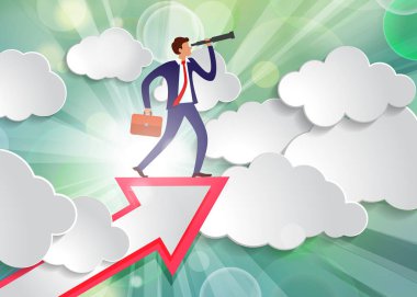 İşadamı elinde teleskop ve evrak çantasıyla beyaz kağıt bulutların arasında güzel yeşil güneşli arka planda duruyor.