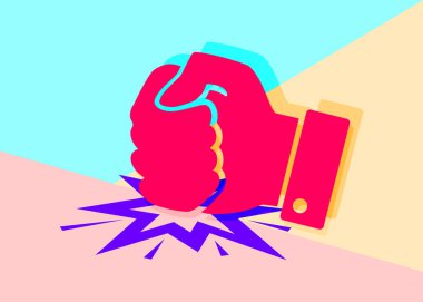 Düz uzanmış sanat yumruğu pembe ve mavi arkaplandaki masa simgesine basar