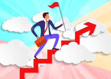 Pastel, evrak çantası ve bayraklı en az zenci işadamı büyümekte. Beyaz kağıt bulutların üzerinde ok var.