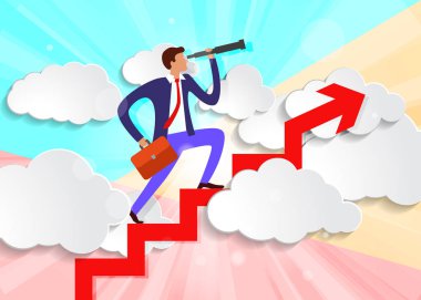 Teleskop ve evrak çantasıyla en az renkli iş adamı beyaz kağıt bulutların üzerinde büyüyen Ok 'un üzerinde duruyor.