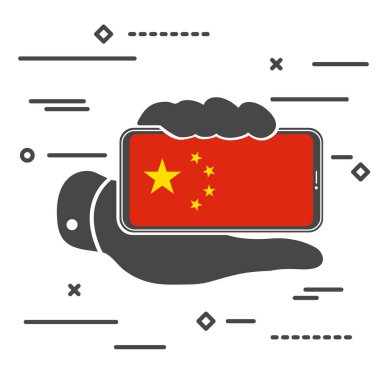 Beyaz arkaplanda Çin Halk Cumhuriyeti Bayrağı resmi olan düz çizgi sanat tasarımı siyah cep telefonu konsepti