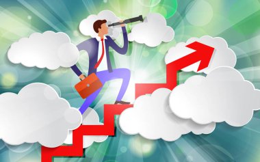 İşadamı merdivenlerden teleskop ve evrak çantasıyla çıkıyor.