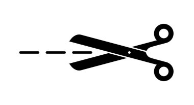 black icon of scissors with cutting line on white background
