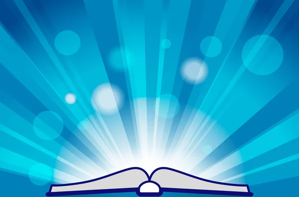 Flat Line conception graphique image concept de livre ouvert icône sur le soleil ou flash rayons fond bleu — Image vectorielle