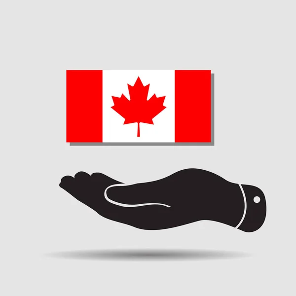 Design minimale piatto concetto di immagine grafica di mano che mostra l'icona della bandiera canadese su sfondo bianco — Vettoriale Stock