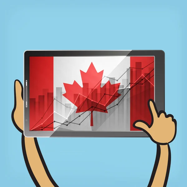 Grafico delle statistiche aziendali che mostra diversi grafici in crescita con bandiera canadese sullo schermo del tablet su sfondo blu — Vettoriale Stock