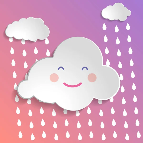 Design d'art plat image graphique de nuage heureux avec gouttes de pluie (concept de baby shower) sur fond pastel dégradé rose et violet — Image vectorielle