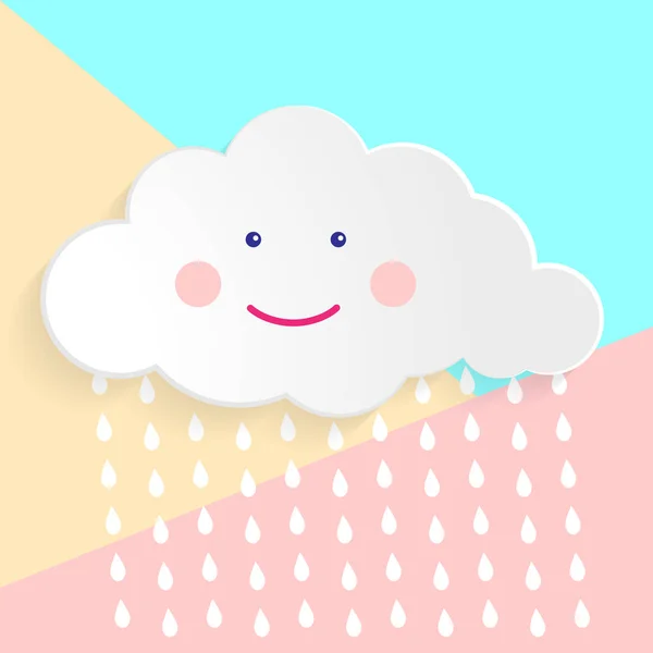 Design d'art plat image graphique de nuage heureux avec des gouttes de pluie (concept de baby shower) sur fond rose et bleu pastel — Image vectorielle