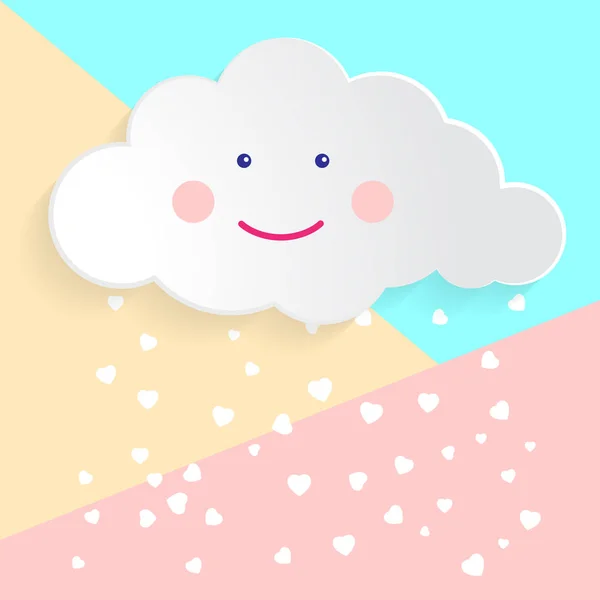 Conception d'art plat image graphique de nuage heureux avec des gouttes de coeur (concept de douche de bébé) sur fond rose et bleu pastel — Image vectorielle