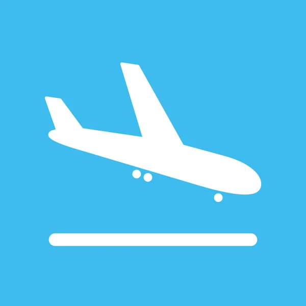 Aeropuerto blanco avión llegada icono sobre fondo azul — Vector de stock