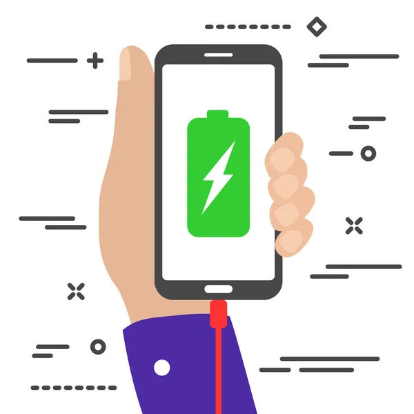 Flat minimal hand holding a charging mobile phone with battery and lightning symbols on the screen — Stock Vector