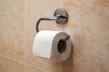 roll of white toilet paper hangs on chrome holder on ceramic-tiled wall. first aid for coronavirus pandemic outbreak COVID-19 clipart