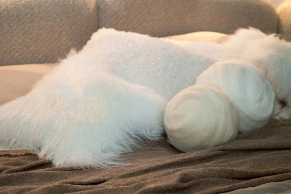 Vue Rapprochée Des Boules Fil Une Couverture Laine Sur Couvre — Photo