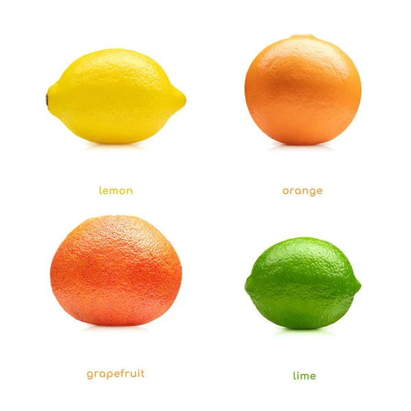 Citron Lime Apelsin Grapefrukt Frukter Uppsättning Isolerad Vit Bakgrund — Stockfoto