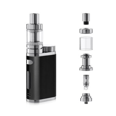 Beyaz arka plan üzerinde izole atomizer bileşenleri ile Vape elektronik sigara