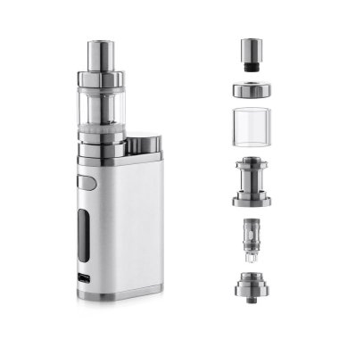 Beyaz arka plan üzerinde izole atomizer bileşenleri ile Vape elektronik sigara