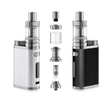 Beyaz arka plan üzerinde izole atomizer bileşenleri ile Vape elektronik sigara