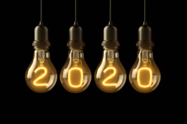 Noel lambası ampulleri yeni yıl 2020 'de siyah arka planda yandı. 3d illüstrasyon