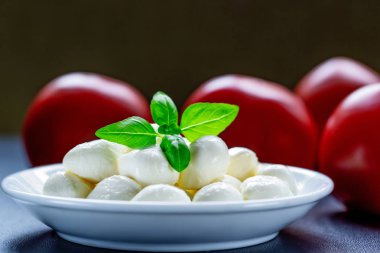 Olgun kırmızı domates ve fesleğen yaprakları ile lezzetli Mozzarella peynir topları
