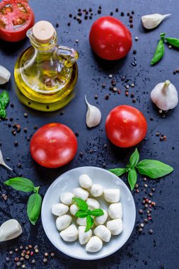 Olgun kırmızı domates, fesleğen yaprakları ve zeytinyağı ile mozzarella peynirli çerez. Caprese salatası için malzemeler