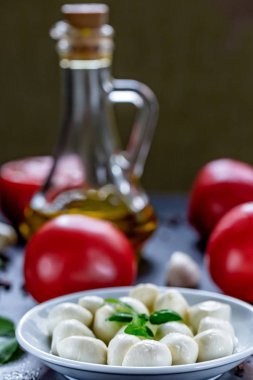 Olgun kırmızı domates, fesleğen yaprakları ve zeytinyağı ile mozzarella peynirli çerez. Caprese salatası için malzemeler