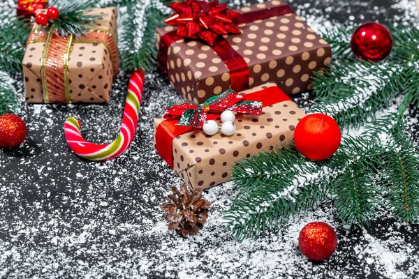Vánoční Dárkové Krabice Candy Dekoracemi Veselé Vánoce Šťastný Nový Rok — Stock fotografie