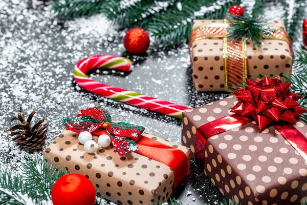 Vánoční Dárkové Krabice Candy Dekoracemi Veselé Vánoce Šťastný Nový Rok — Stock fotografie