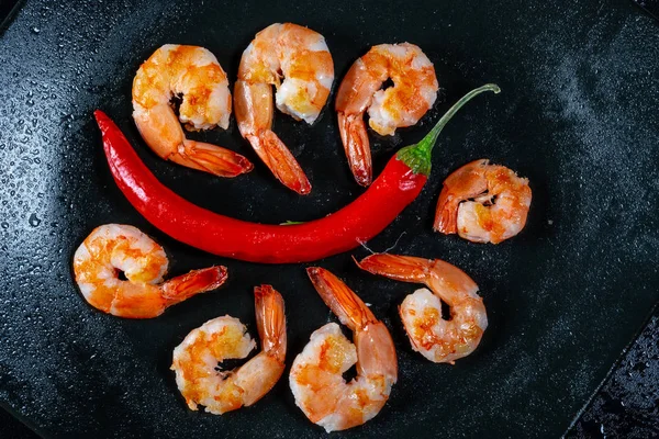 Gegrillte Garnelen Mit Chilipfeffer Königliche Köstliche Und Schöne Garnelen Flach — Stockfoto