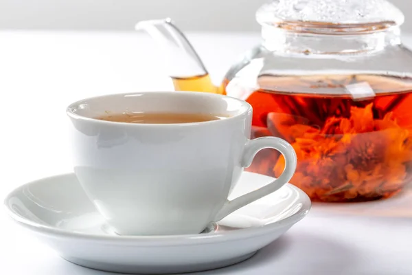 一杯新鲜的茶在茶托上 茶的后面放在一个玻璃茶壶里 上面有一朵盛开的大花 异国情调的绿茶在白色背景 — 图库照片