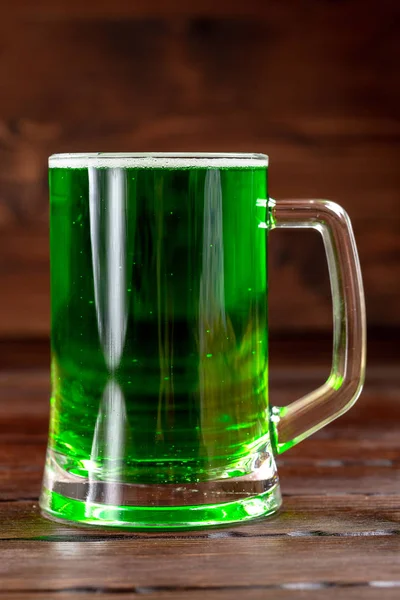 Glass Mug Green Beer Rustic Wooden Surface Festive Background Patrick — Stock Photo, Image
