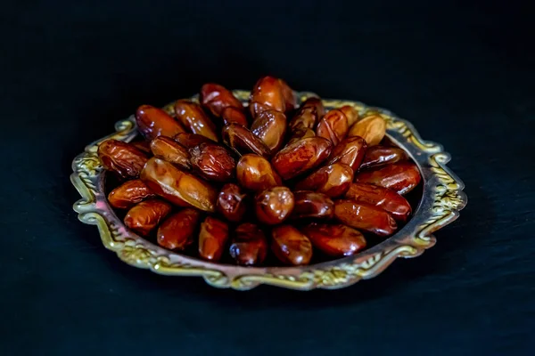 Ramadan Kareem Concept Dried Dates Silver Tray Muslim Feast Holy — Zdjęcie stockowe