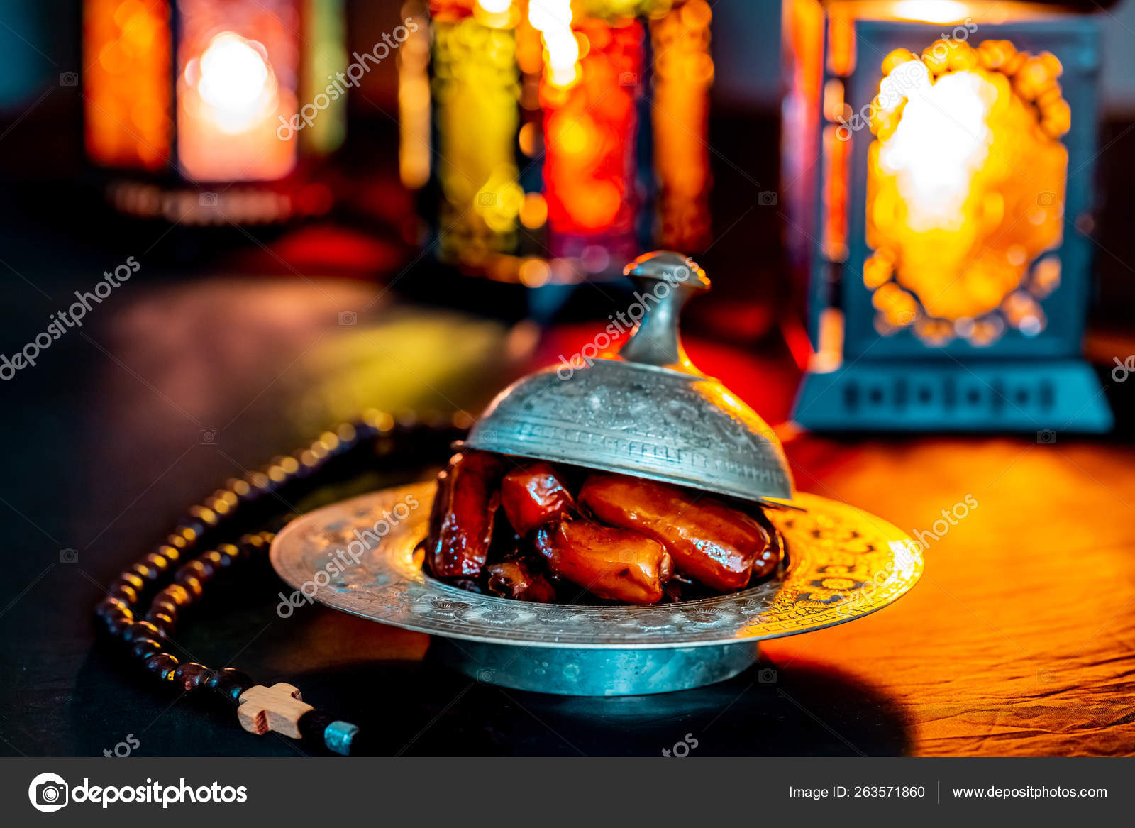 Muslim Feast Holy Month Ramadan Kareem Dates Tray Dark Background Stock  Photo by ©jeka2009 263571860