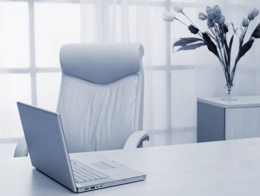 Yönetmen modern ofisindeki tablo üstünde Laptop