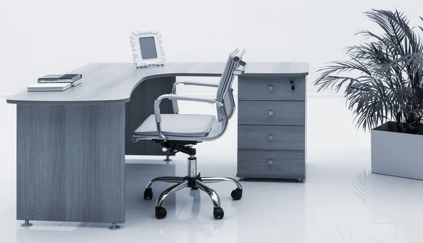 Wood Desk Palm White Wall — Stock Photo, Image