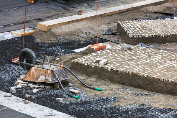 Construção Estrada Pavimento Com Pedras Granito Paralelepípedo — Fotografia de Stock
